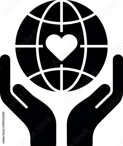Hands holding globe with heart icon symbolizing world love and care