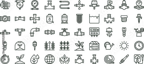 Agriculture irrigation pipeline valves outline icon set featuring farming sensors water monitoring vector collection for dashboards interfaces presentations applications platforms
