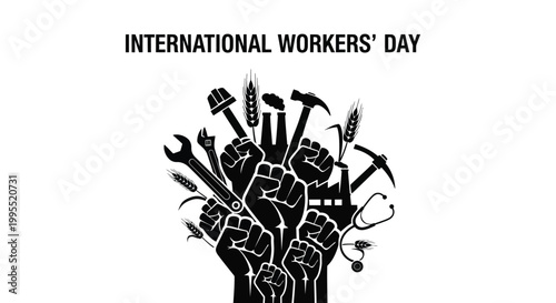 International Workers' Day illustration with fists and tools vector graphic design