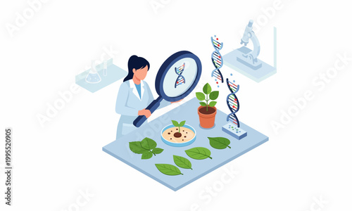 Scientist examining plant genetics and DNA in a laboratory setting.