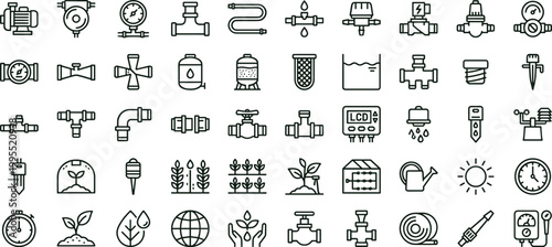 Agriculture irrigation valves outline icon set featuring farming pipelines sensors water monitoring vector collection for dashboards interfaces presentations applications platforms