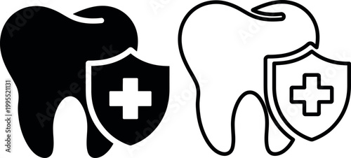 Dental health icons with shield and cross symbol for protection