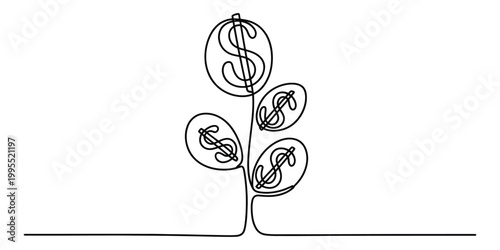 Continuous line drawing of a money tree with dollar signs