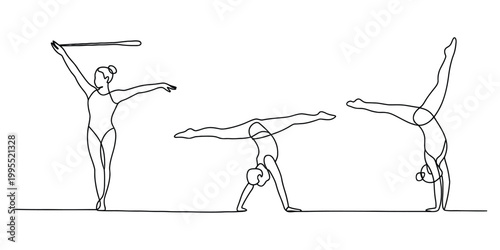 Continuous line drawing of rhythmic gymnasts performing