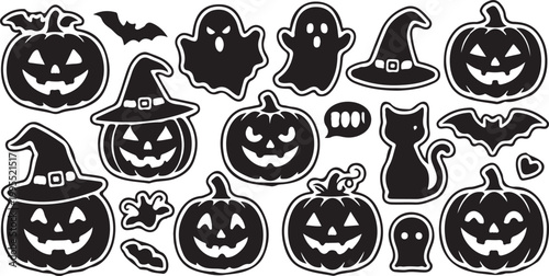 Halloween icons, black and white pumpkin stickers, spooky symbols, 13 vector graphics