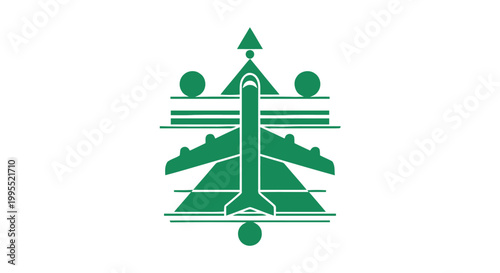 Green Airplane Icon with Geometric Design on White Background.