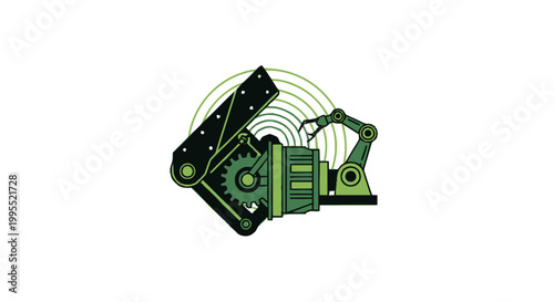 Green and Black Robotic Arm and Gear Illustration on White Background.