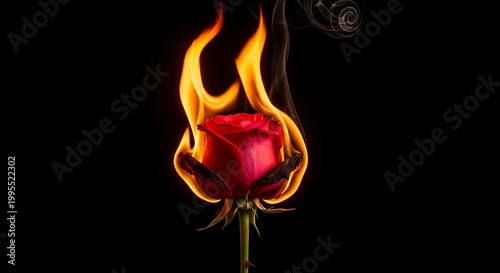 A red rose engulfed in flames against a black background