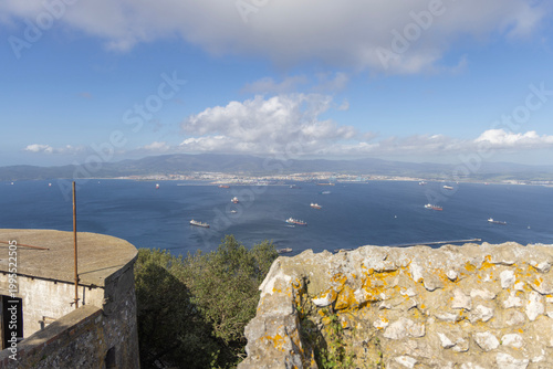 View from Rock of Gibraltar of Bay of Gibraltar and Strait of Gibraltar, Gibraltar, United Kingdom