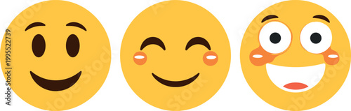 Cute Yellow Smiley Emoji Faces Collection Set Happy Smiling And Excited Funny Expression Characters Isolated On White Background Vector Illustration