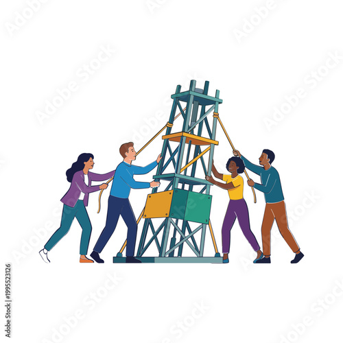 People working together to build a large structure with ropes and poles