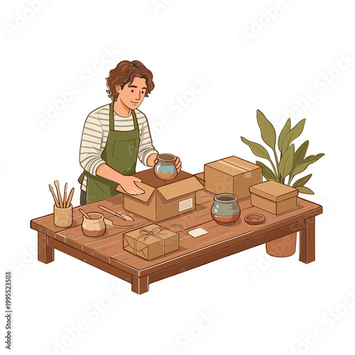 Woman packs boxes with items on table in workshop