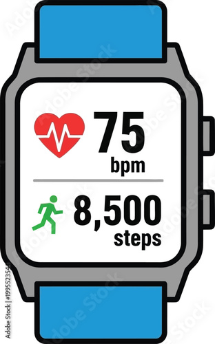 Smartwatch displaying heart rate and step count on screen