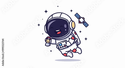 Happy Astronaut Floating in Space Holding a Small Planet.