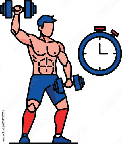 Muscular man lifting dumbbells next to a stopwatch, fitness and workout concept