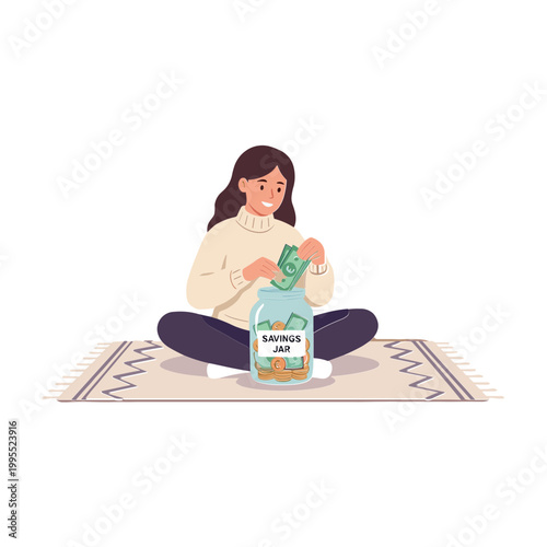Woman sits on rug putting money into a savings jar with coins