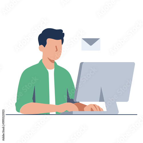 Man sitting at desk typing on computer with email notification