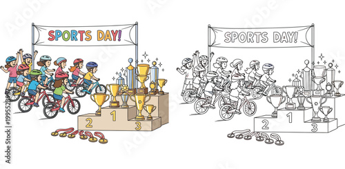 Children Sports Day Bicycle Competition Illustration and Line Art Coloring Page for Kids with Winners Podium and Trophies Vector