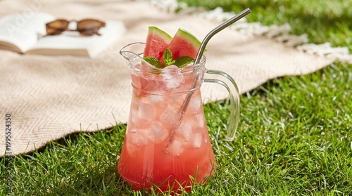 Watermelon Iced Beverage Pitcher on Grass Picnic.