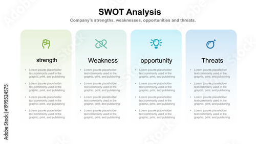 SWOT analysis template for strategic company planning. Four colorful elements with space for text inside. Modern Infographic design template. Vector illustration.