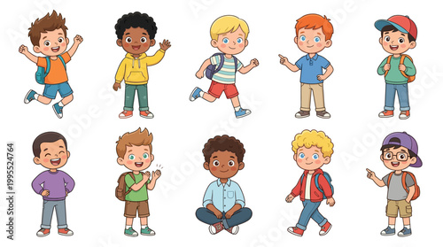Cute Boy Full Body Character Vector Set – Kids Cartoon Male Illustration Collection