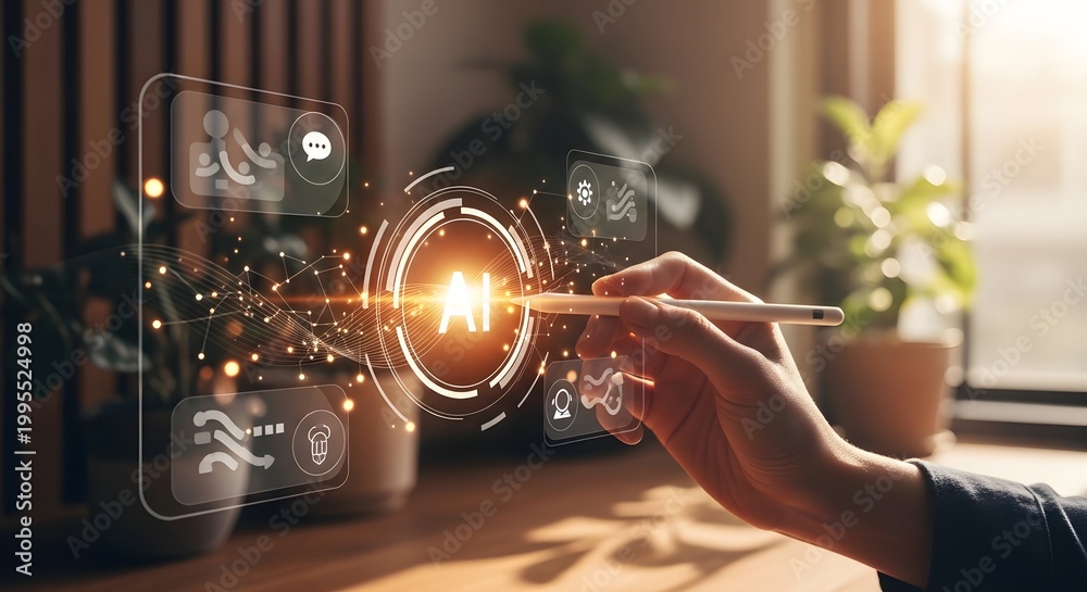 Fototapeta premium A hand interacts with a holographic display showcasing artificial intelligence and network connections high quality professional detailed modern elegant stylish clean crisp