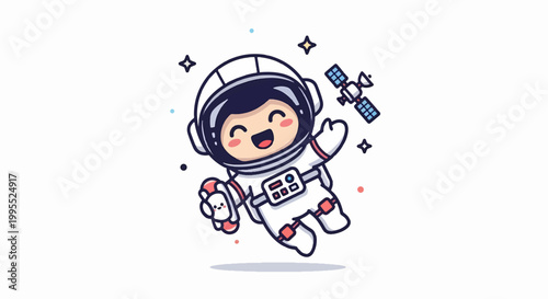 Happy Astronaut Floating in Space with Satellite and Joy.