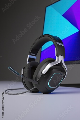 Gaming headset beside monitor in a sleek esports setup with neon accents