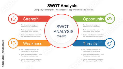 SWOT analysis template for strategic company planning. Four colorful elements with space for text inside. Modern Infographic design template. Vector illustration.