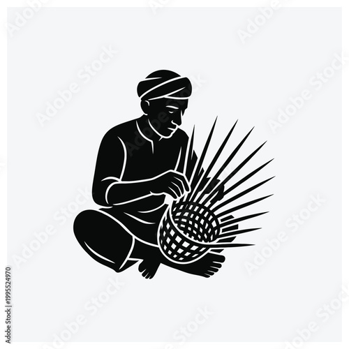 Silhouette of a craftsman weaving a basket or craft item, showing manual labor and skill.