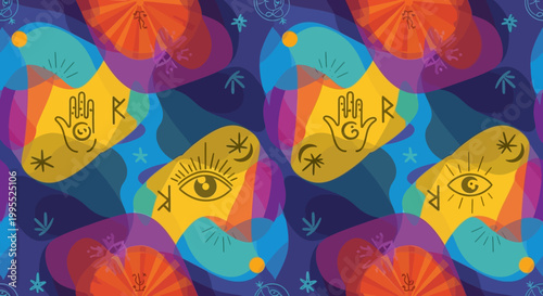 Mystical Esoteric Symbols Pattern: Eye, Hand, Moon, Stars on Abstract Colorful Background