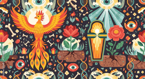 Phoenix Rising: Rebirth, DNA, Eyes, and Flowers - Mystical Life Cycle Pattern