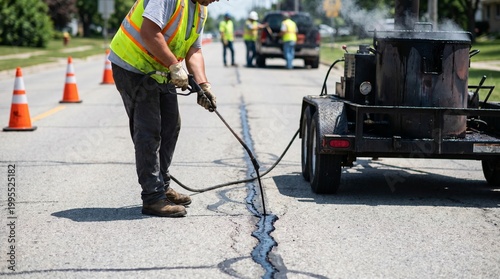 Road Workers Sealing Asphalt Crack During Maintenance.