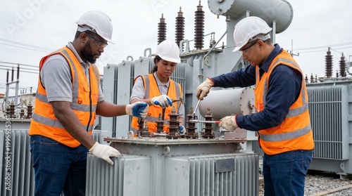 Electrical Utility Workers Inspecting Power Transformer.