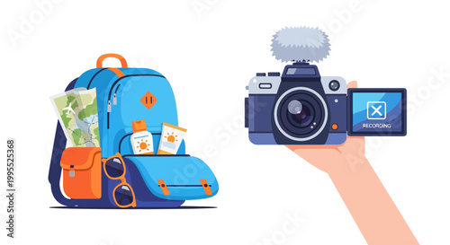 Camera and blue travel backpack.