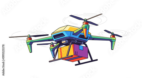 Multicolor drone with rotating blades flying.