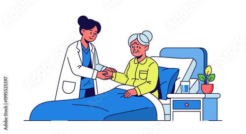 Doctor and patient in hospital room.