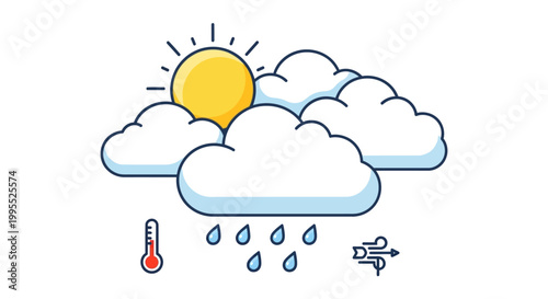 Weather forecast icon with sun rain.
