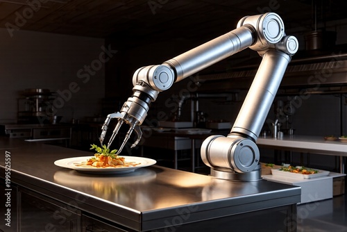 Robotic arm plating a gourmet dish in a modern restaurant kitchen