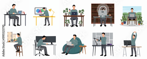 Flat Illustration Set of Man Working from Home in Various Poses