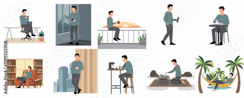 Flat Graphic Set of Man Relaxing and Working in Different Locations Illustration