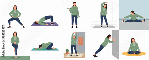 Flat Illustrated Various Yoga Poses for Relaxation and Fitness Set