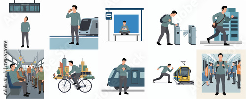 Modern Flat Illustration of Man Commuting with Various Transportation Methods