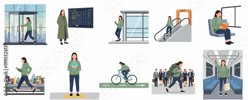 Modern Flat Design Commuting Woman Various Public Transport Methods Illustration Set