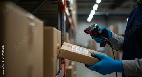 Person in blue gloves scanning barcode on cardboard box in warehouse with shelves of packages