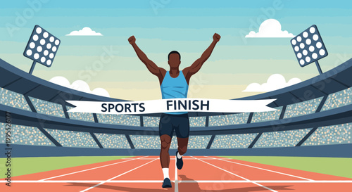 Flat vector illustration of a black male athlete crossing a white finish line ribbon labeled Sports Finish with arms raised in victory on a red running track inside a large stadium.