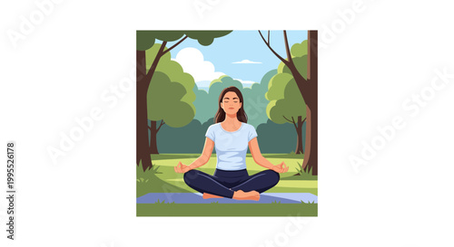 Flat vector illustration of a young woman practicing mindfulness meditation in a sunny green park, sitting in a lotus position on a mat with eyes closed and hands in a mudra pose.