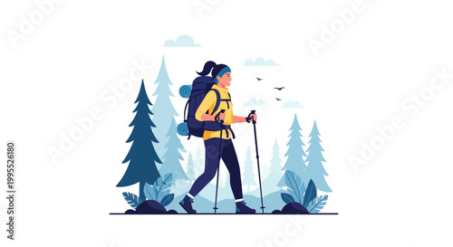Flat vector illustration of a woman hiking through a forest with a large backpack and trekking poles, wearing a yellow jacket and headband against a white and blue background.