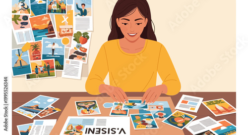 Vector illustration of a smiling woman in a yellow shirt organizing various travel photographs and postcards on a wooden desk to create a vision board or scrapbook layout.