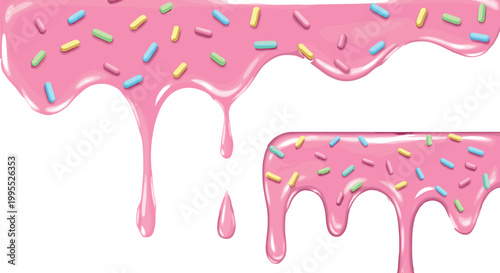 Sweet Pink Dripping Icing Glaze With Colorful Sprinkles Melting Frosting Dessert Element Isolated On White Background Vector Illustration